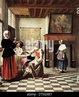 La légende de 1916 se lit comme suit : «Pieter de Hooch 1629-1677 École néerlandaise 'intérieur néerlandais - avec deux cavaliers et la fille dans la jupe rouge'. Dans la Galerie nationale. Signé P. D. H. sur la table au premier plan gauche près de la fenêtre. Peint à l'huile sur toile. 2 pi 5 in h x 2 pi 1 in w. » Pieter de Hooch était un peintre hollandais de l’âge d’or célèbre pour ses œuvres de genre de scènes domestiques calmes avec une porte ouverte. Il était contemporain, dans la Guilde de Delft de St. Luke, de Jan Vermeer avec qui son travail partage des thèmes et du style. Banque D'Images