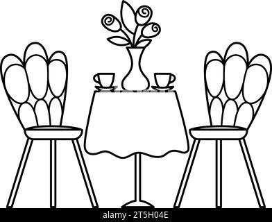 Table Vector noir et blanc avec chaises, vase avec fleurs, tasses à café. Meuble mignon. Icône de ligne de symbole française ou page à colorier. Romantique Illustration de Vecteur