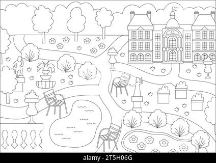 Vecteur noir et blanc jardin du Luxembourg dans l'illustration de paysage de Paris. Scène de parc de la capitale française avec palais, bancs, chaises, sculptures Illustration de Vecteur