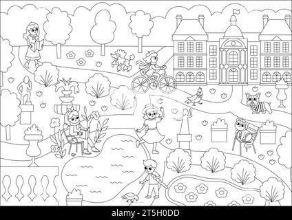 Vecteur noir et blanc jardin du Luxembourg à Paris illustration de ligne de paysage ou page à colorier avec des personnes et des animaux. Scène de parc de la capitale française Illustration de Vecteur