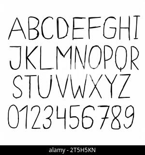 Griffonner à la main écrit au stylo noir anglais latin abc alphabet police A à Z et chiffres 0 à 9 ensemble. Illustration vectorielle en isolat de style dessiné à la main doodle Illustration de Vecteur