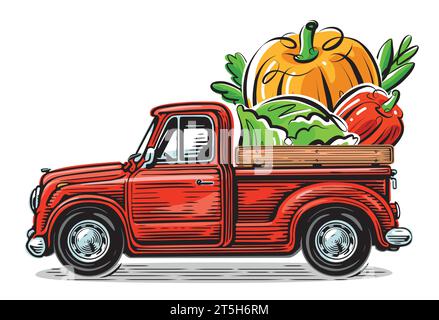 Camionnette rétro avec des légumes frais. Livraison d'aliments biologiques de la ferme. Illustration vectorielle Illustration de Vecteur