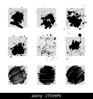 Ensemble d'éléments de design Grunge, gouttes d'encre et éclaboussures, coups de pinceau noir. Blocs de texte et cellules. Illustration de Vecteur