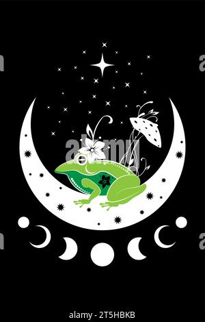 Grenouille sacrée spirituelle sur champignon magique en croissant de lune de sorcellerie. Crapaud céleste mystique avec des phases de lune et des étoiles. Logo Witchy Esoteric Fungus Illustration de Vecteur