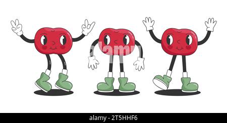 Drôle Retro Groovy Cartoon hippie Berry Characters Set. Collection Comic Cherries. Illustration vectorielle d'été groovy. Fruits frais doux et juteux des années 90. Illustration de Vecteur