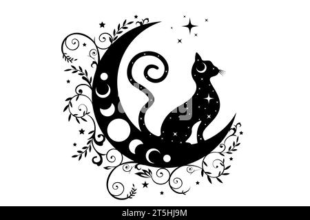 Chat noir mystique sur le croissant céleste de lune et les phases de lune, symbole de sorcellerie, tatouage de logo ésotérique sorcier. Vecteur ésotérique wiccan clipart Boho Illustration de Vecteur