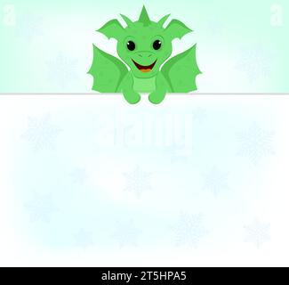 Dragon vert clair de dessin animé sur un fond clair avec des flocons de neige avec espace de copie. Symbole de 2024. Image vectorielle. Illustration de Vecteur