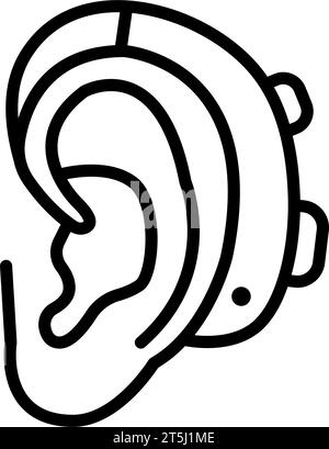 Prothèse auditive sur l'oreille, icône de contour. Vecteur d'icône de ligne de gadget d'aide auditive. Signe de style linéaire isolé sur fond blanc. Illustration de Vecteur