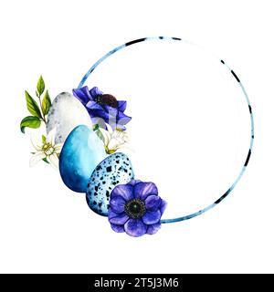 Joyeuses cartes aquarelle de Pâques ensemble avec des œufs de Pâques mignons, fleurs de printemps anémone violette dans des couleurs pastel. Eléments isolés de décoration aquarelle de Pâques Banque D'Images