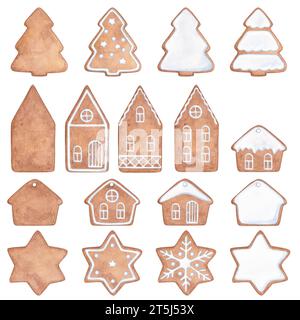 Ensemble de biscuits au pain d'épice. Illustration à l'aquarelle dessinée à la main des bonbons traditionnels du nouvel an. Clipart sur fond blanc sur le thème du Chr Banque D'Images