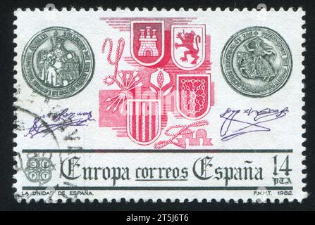 ESPAGNE - CIRCA 1982 : timbre imprimé par l'Espagne, montre unification, Europe, circa 1982 Banque D'Images