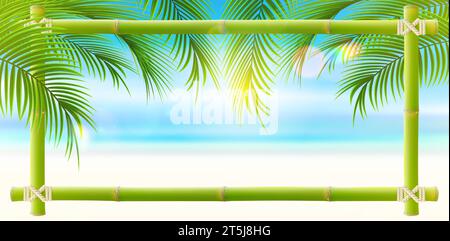 Feuilles de palmier sur la plage tropicale avec cadre en bambou pour le texte. Vacances et voyages. Fond de nature tropicale. Illustration de Vetor. Illustration de Vecteur