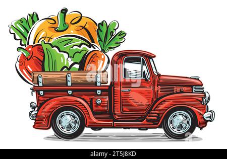 Camionnette agricole rétro et légumes frais biologiques. Illustration de vecteur de nourriture saine naturelle Illustration de Vecteur