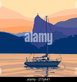 Paysage au Brésil, Rio de Janeiro avec voilier dans le port. Montagne Corcovado et voilier. Graphique vectoriel, illustration créée par l'artiste. Banque D'Images