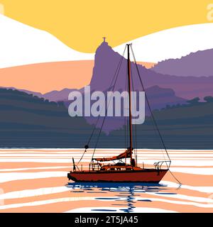 Paysage au Brésil, Rio de Janeiro avec voilier dans le port. Montagne Corcovado et voilier. Graphique vectoriel, illustration créée par l'artiste. Banque D'Images