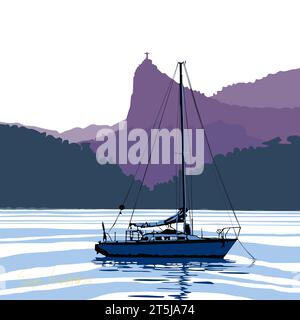 Paysage au Brésil, Rio de Janeiro avec voilier dans le port. Montagne Corcovado et voilier. Graphique vectoriel, illustration créée par l'artiste. Banque D'Images