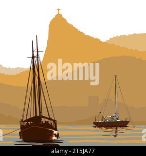 Paysage au Brésil, Rio de Janeiro avec voilier dans le port. Montagne Corcovado et voilier. Graphique vectoriel, illustration créée par l'artiste. Banque D'Images