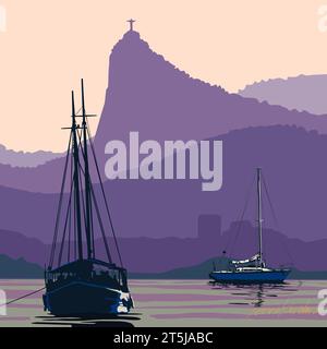 Paysage au Brésil, Rio de Janeiro avec voilier dans le port. Montagne Corcovado et voilier. Graphique vectoriel, illustration créée par l'artiste. Banque D'Images