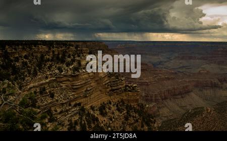 Tempêtes de mousson, avec averse lointaine, ruissellement et barattage le ciel du désert du soir au-dessus du Grand Canyon. Banque D'Images