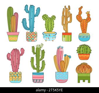 Cactus dans un pot de fleurs grungy ensemble de dessin animé exotique. Collection succulente texturée à la main dessinée à la main isolé. Diverses plantes de maison cactus urbains mexicains du désert. Les plantes d'intérieur peignent l'illustration vectorielle linéaire Illustration de Vecteur