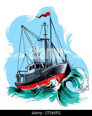 Chalutier de pêche dans une mer orageuse. Illustration dessinée à la main Banque D'Images