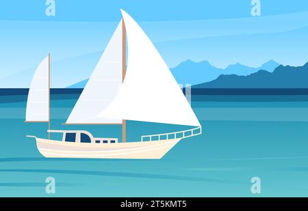 Yacht blanc dans la mer bleue et la montagne, paysage de voyage de la nature. Aventures océaniques, bateau plat ou bateau dans l'eau. Repos et transport, plat décent Illustration de Vecteur