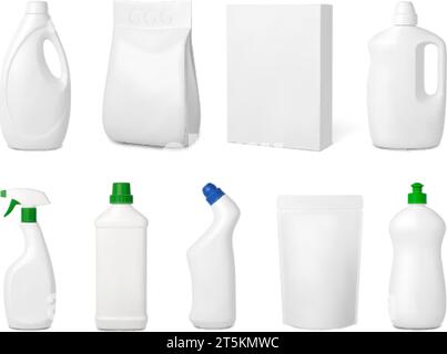 Produits de nettoyage réalistes. Bouteilles en plastique blanc isolées et boîte en papier. Détergents ménagers, maquette d'emballage 3D. Ensemble de conteneurs vectoriels pieux Illustration de Vecteur