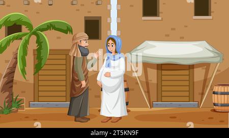 Vierge Marie, Joseph, et l'histoire de la Nativité représentée dans une illustration de dessin animé Illustration de Vecteur