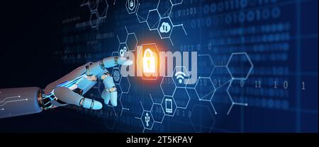 Ai robot Hand utilise la confidentialité de cybersécurité, la confidentialité des informations et la protection des données pour bloquer une cyberattaque. Système de sécurité de réseau avec IA Banque D'Images
