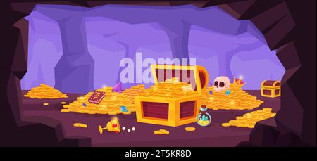 Illustration de grotte de Trésor de dessin animé. Piles de pièces d'or, tasse et coffre en bois avec de l'argent. Pierres précieuses et bijoux, trésors pirates scène vectorielle nowaday Illustration de Vecteur