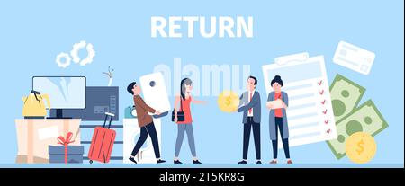 Retour des marchandises en boutique. Les clients avec des techniques cassées et endommagées veulent un échange ou un remboursement. Service clients en magasin, concept plat vecteur récent Illustration de Vecteur