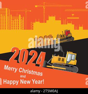 Carte postale bonne année 2024. Le travail des bulldozers caterpillar. Illustration de Vecteur