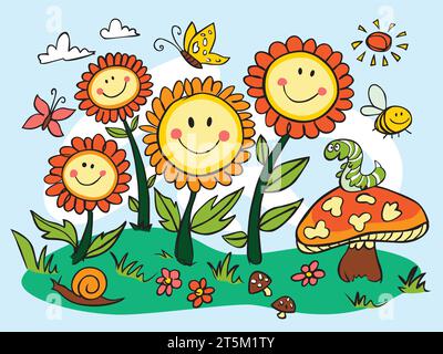 Vector Cute Happy Cheeky fleurs smiley horizontales avec illustration de champignon. Parfait pour les cartes de vœux. Illustration de Vecteur