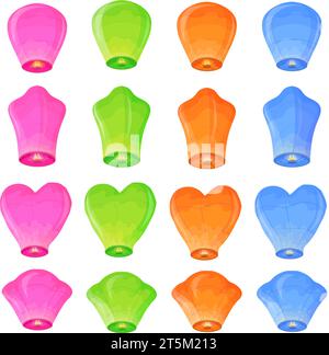 Lanternes flottantes. Lanterne brillante en papier avec des lumières de feu pour la cérémonie de souhait, la thaïlande chinoise ou le festival d'automne de diwali, des lampes romantiques volantes dessin animé illustration vectorielle soignée de papier lanterne de feu Illustration de Vecteur