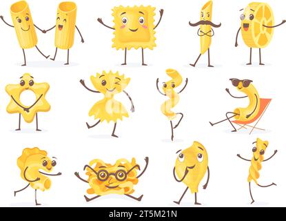 Personnages de pâtes de dessins animés. Mascotte spaghetti heureuse, mignon personnage de doodle de nourriture de blé italien macaroni, drôle d'expression fusilli de nutrition de nouilles de fettuccine, illustration vectorielle soignée Illustration de Vecteur