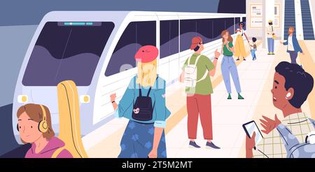 Plate-forme de métro de personnes. Les passagers avec des bagages attendent le train d'arrivée ou le tram moderne sur la station de métro, le trafic de métro de transport ferroviaire tube illustration vectorielle classe de la station de métro de passagers Illustration de Vecteur
