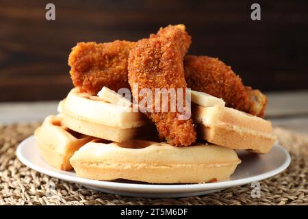 Délicieuses gaufres belges servies avec des pilons de poulet frits et du beurre sur la table, gros plan Banque D'Images