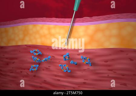 Traitement par anticorps monoclonaux (adalimumab) - vue en gros plan illustration 3D. Banque D'Images