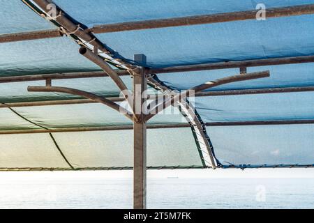 Canopée multicolore dans la zone de loisirs de la plage de mer contre ciel bleu clair tôt le matin Banque D'Images