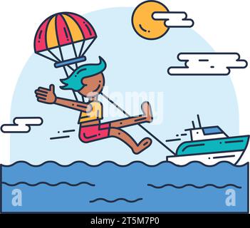 Guy en combinaison de sauvetage vole en parachute attaché derrière le hors-bord par bateau à moteur. Sport et mode de vie actif. Icône vectorielle simple colorée isolée sur Illustration de Vecteur