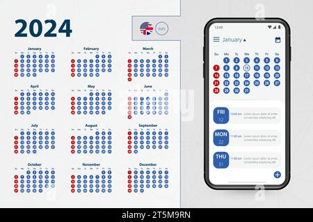 Application de calendrier pour smartphone. Calendrier vectoriel 2024 semaines commence à partir du dimanche, langue anglaise. Illustration vectorielle. Illustration de Vecteur