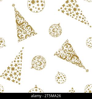 Illustration à l'aquarelle dessinée à la main. Modèle sans couture avec des arbres de Noël et des jouets. Couleur or. Pour paquet, cartes de vœux, couvertures, dépliants Banque D'Images