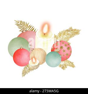 Illustration à l'aquarelle dessinée à la main. Décoration hivernale avec boules de verre rouges, vertes et dorées, fougère dorée et bougies allumées. Banque D'Images