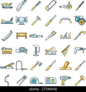 Jeu d'icônes de travail du menuisier. Contour ensemble d'icônes de vecteur de travail charpentier couleur de ligne mince plat sur blanc Illustration de Vecteur