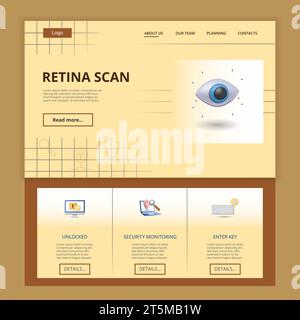 Modèle de site Web de page d'accueil plate Retina Scan. Déverrouillé, surveillance de sécurité, clé d'entrée. Bannière Web avec en-tête, contenu et pied de page. Vecteur Illustration de Vecteur