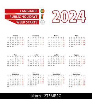 Calendrier 2024 en langue portugaise avec jours fériés le pays du Portugal en année 2024. La semaine commence à partir du lundi. Illustration vectorielle. Illustration de Vecteur