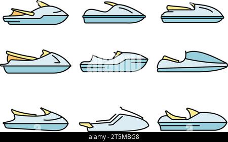 Jeu d'icônes de jet ski de course. Contour ensemble d'icônes de vecteur de jet ski de course couleur mince de ligne plate sur blanc Illustration de Vecteur