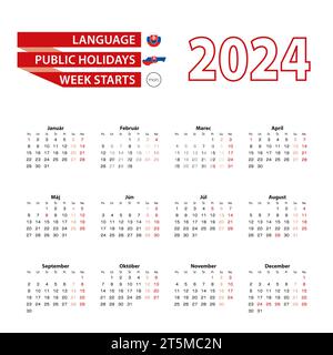 Calendrier 2024 en langue slovaque avec jours fériés le pays de la Slovaquie en 2024. La semaine commence à partir du lundi. Illustration vectorielle. Illustration de Vecteur