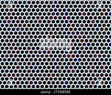 Motif hexagonal avec fond noir et couleurs sombres avec une fine bordure bleue et rayée Banque D'Images
