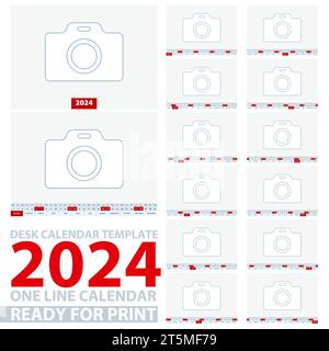 Modèle pour calendrier de bureau 2024. Calendrier vectoriel d'une ligne en anglais. Illustration de Vecteur